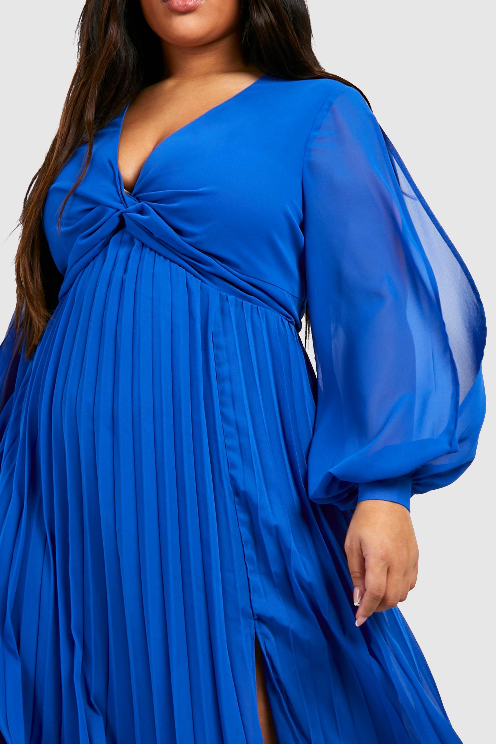 Plus Chiffon Twist Front Pleated Midi Skater Dress